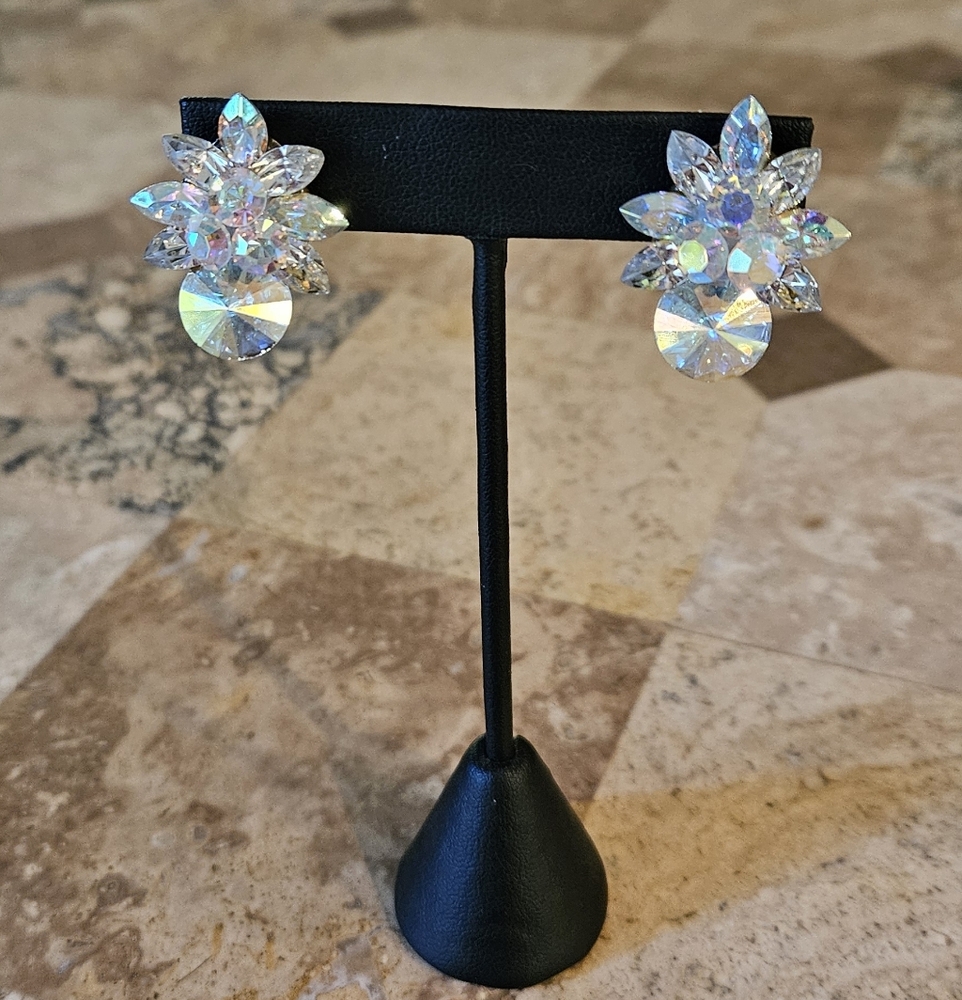 AB Crystal Aurora Borealis Rivoli Pierced Earrings Vintage Estate Wedding Formal